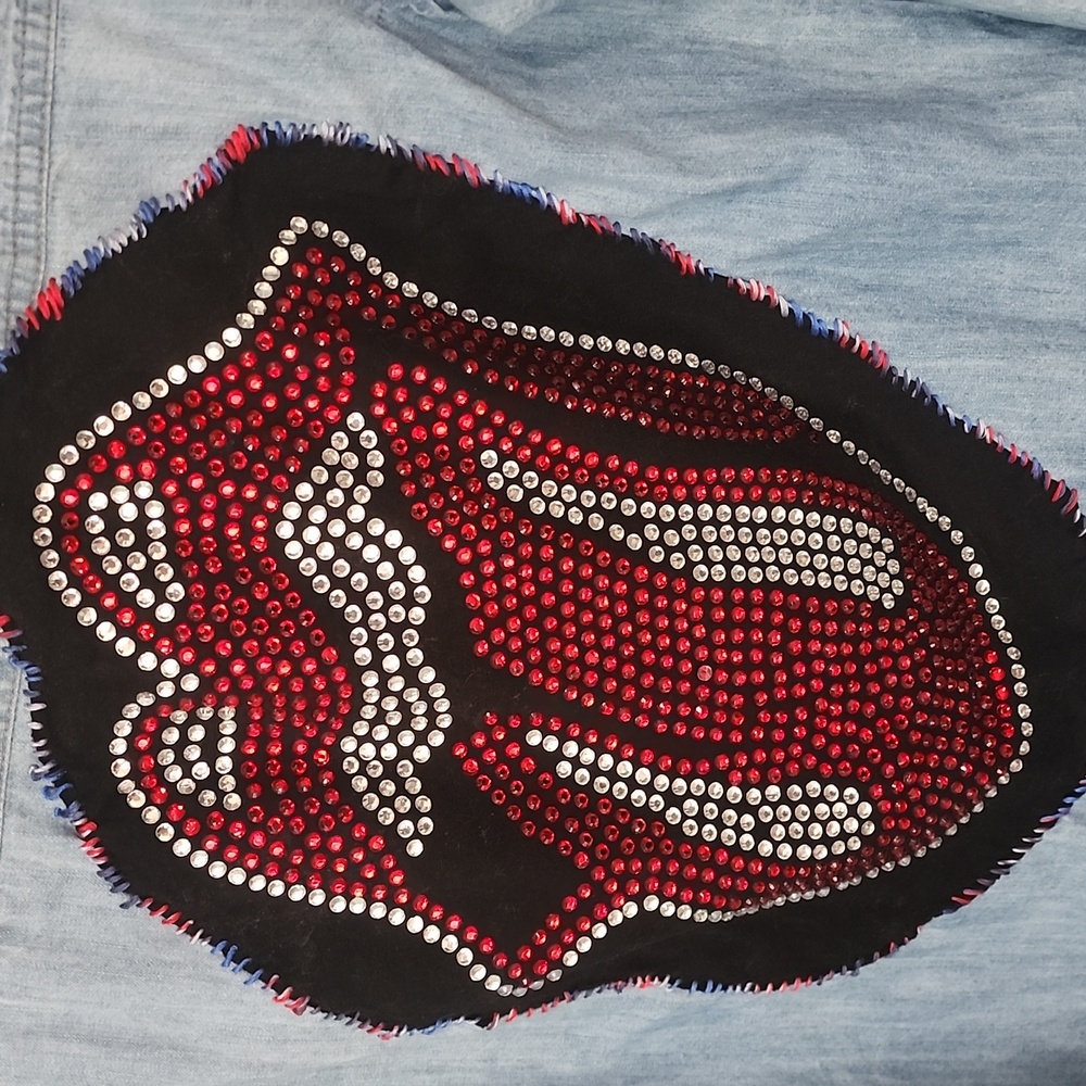 Embellished Denim Shirt with Red and Black Design Rolling Stones